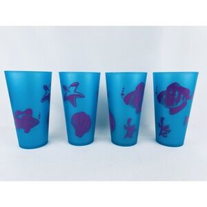Thermo-Serv Blue Purple Fish Shell Starfish Set of 4 Tumblers Cups‎ Vintage MCM